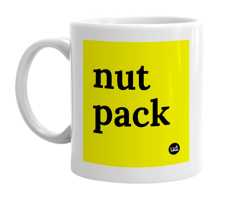White mug with 'nut pack' in bold black letters