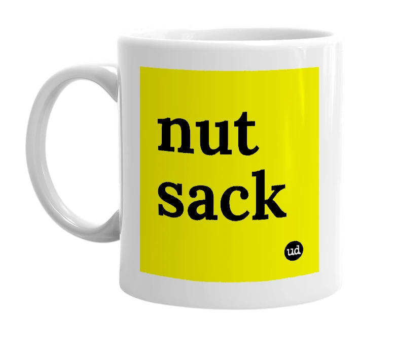 White mug with 'nut sack' in bold black letters