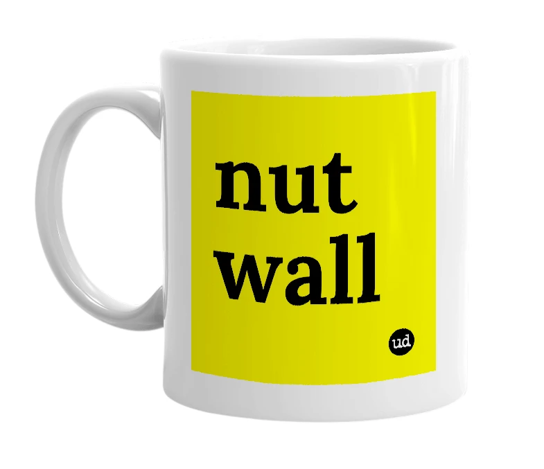 White mug with 'nut wall' in bold black letters