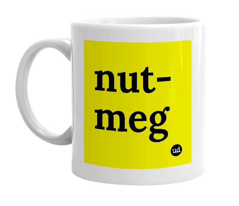 White mug with 'nut-meg' in bold black letters