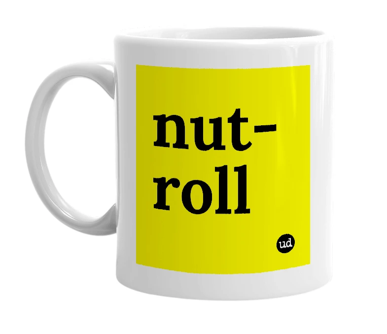 White mug with 'nut-roll' in bold black letters