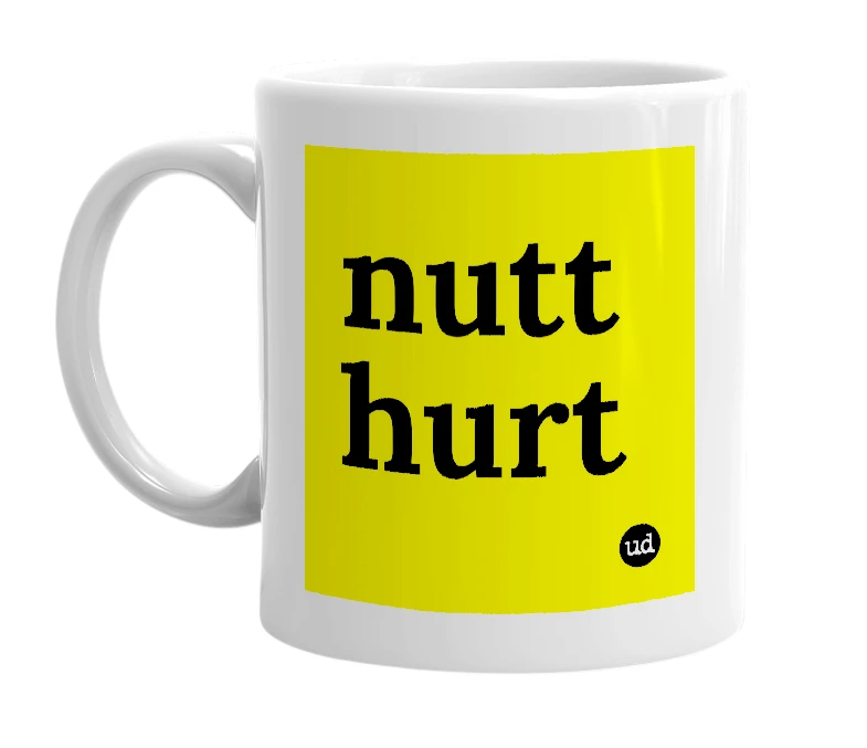 White mug with 'nutt hurt' in bold black letters