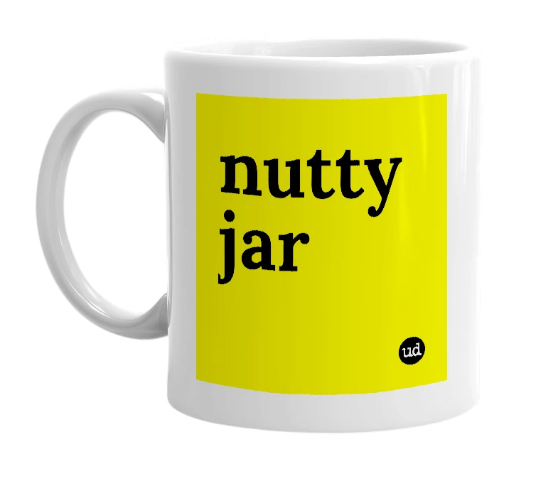 White mug with 'nutty jar' in bold black letters