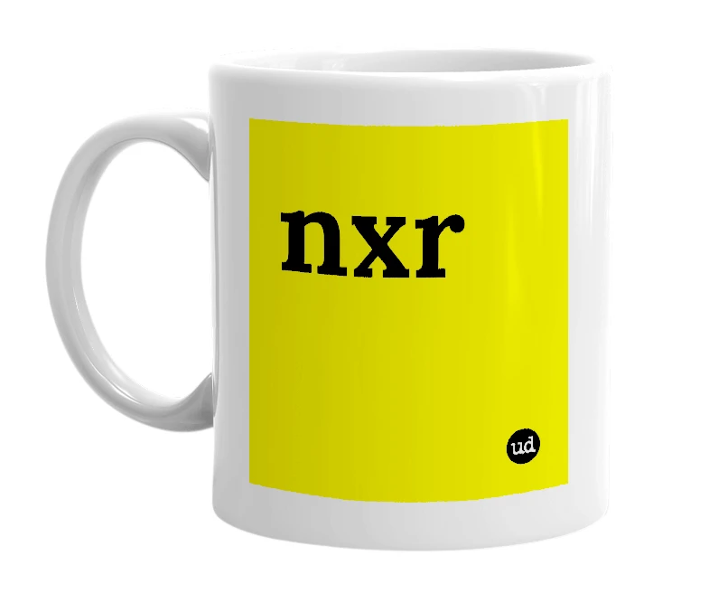 White mug with 'nxr' in bold black letters