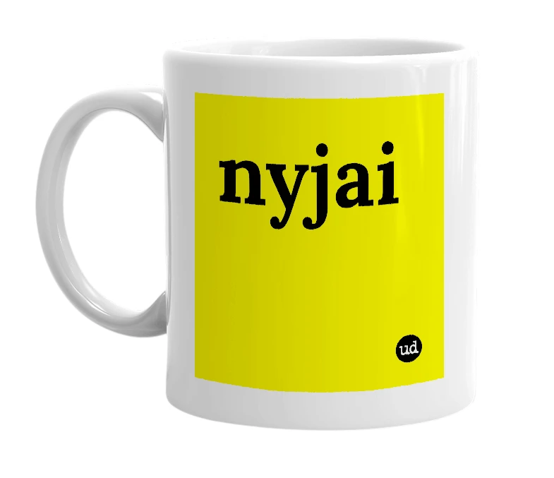 White mug with 'nyjai' in bold black letters