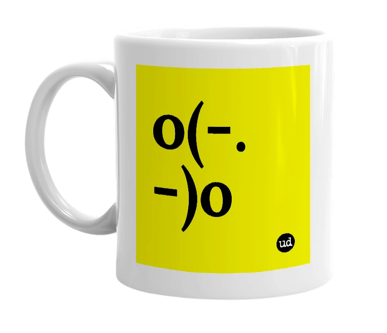 White mug with 'o(-. -)o' in bold black letters