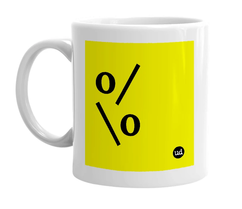 White mug with 'o/\o' in bold black letters