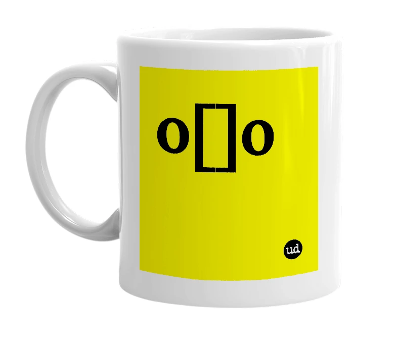 White mug with 'o[]o' in bold black letters