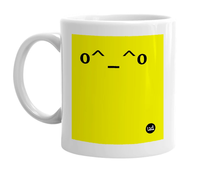 White mug with 'o^_^o' in bold black letters