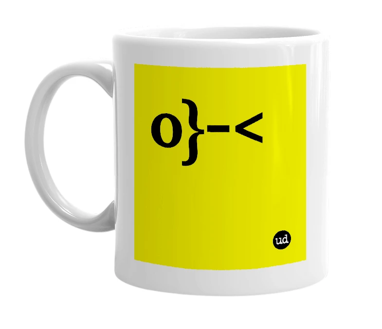 White mug with 'o}-<' in bold black letters