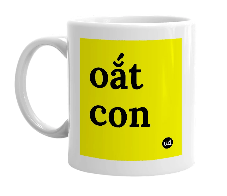 White mug with 'oắt con' in bold black letters