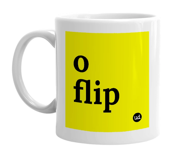 White mug with 'o flip' in bold black letters