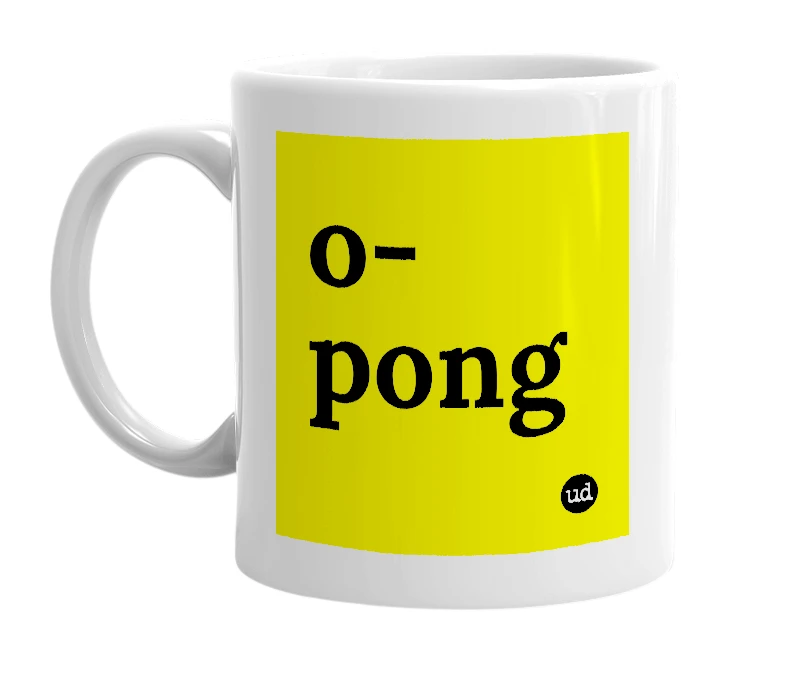 White mug with 'o-pong' in bold black letters