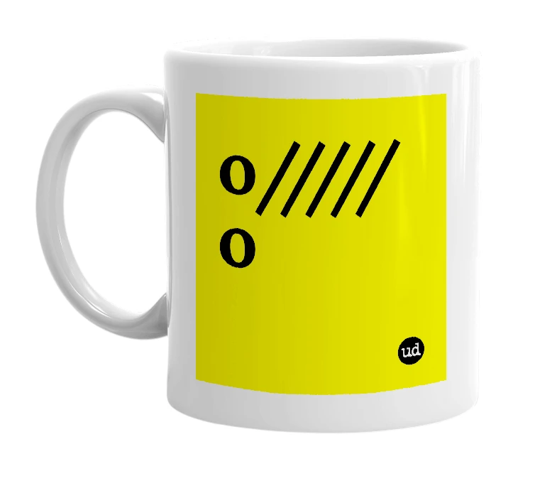 White mug with 'o/////o' in bold black letters