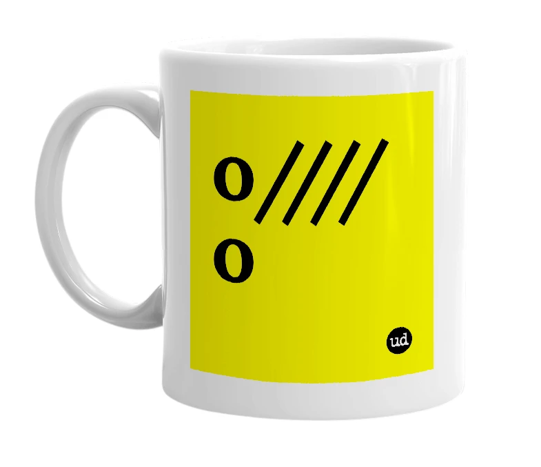 White mug with 'o////o' in bold black letters