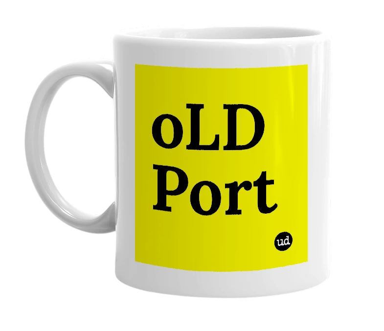 White mug with 'oLD Port' in bold black letters