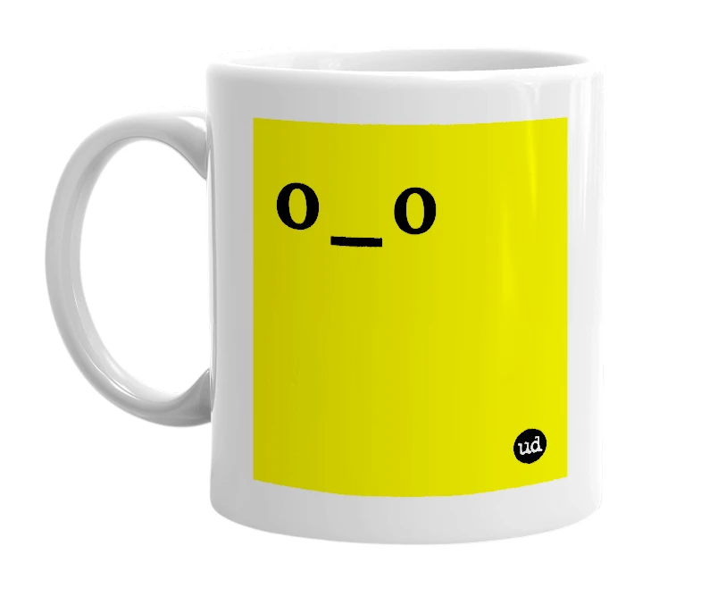 White mug with 'o_o' in bold black letters