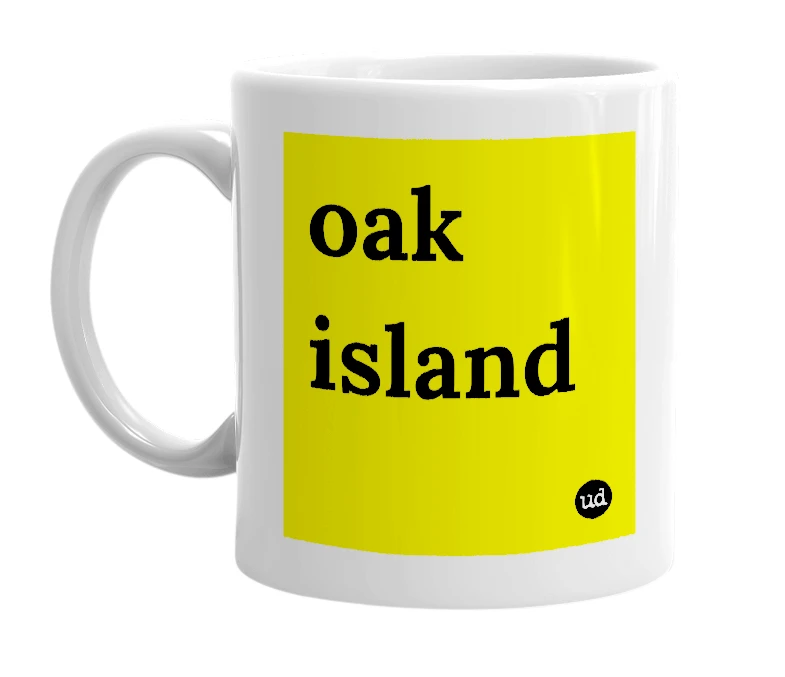 White mug with 'oak island' in bold black letters