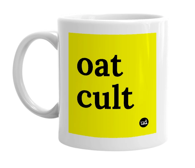 White mug with 'oat cult' in bold black letters