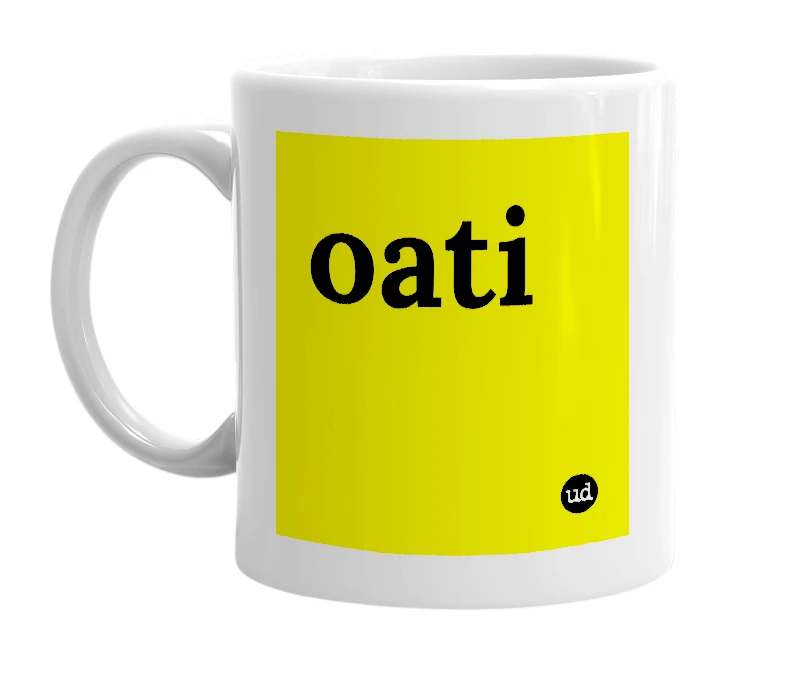 White mug with 'oati' in bold black letters