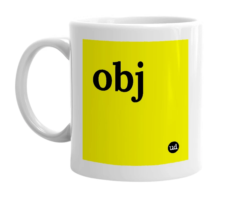 White mug with 'obj' in bold black letters