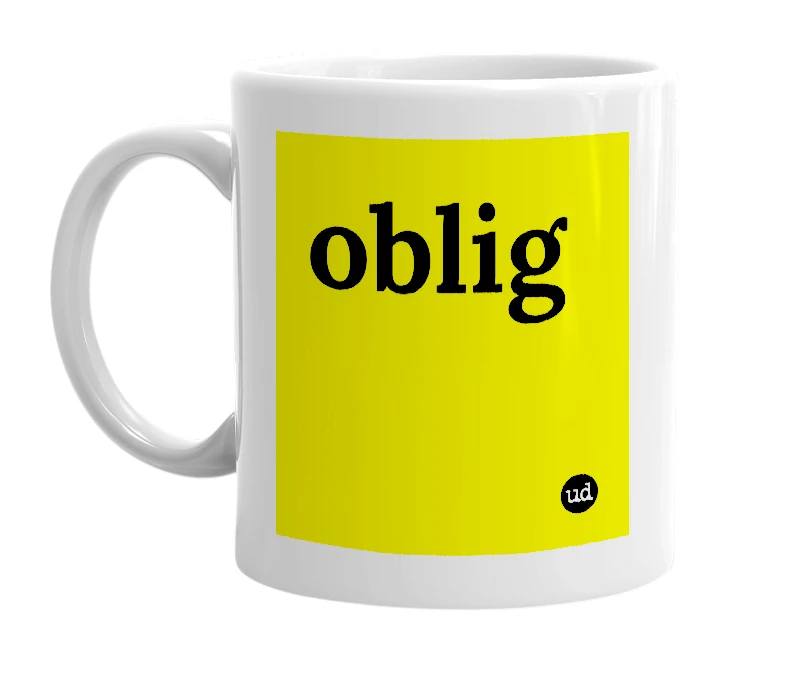 White mug with 'oblig' in bold black letters