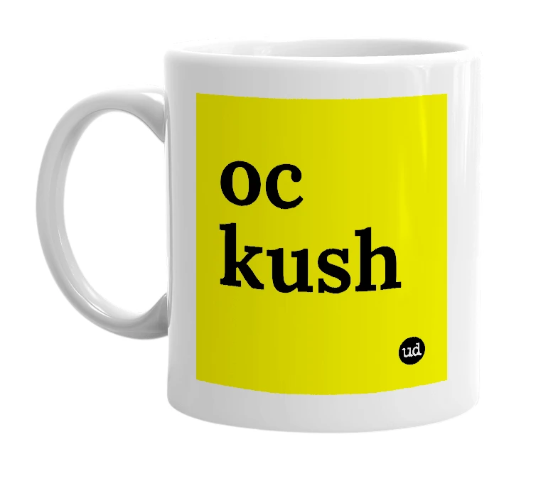 White mug with 'oc kush' in bold black letters