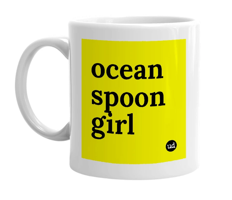 White mug with 'ocean spoon girl' in bold black letters