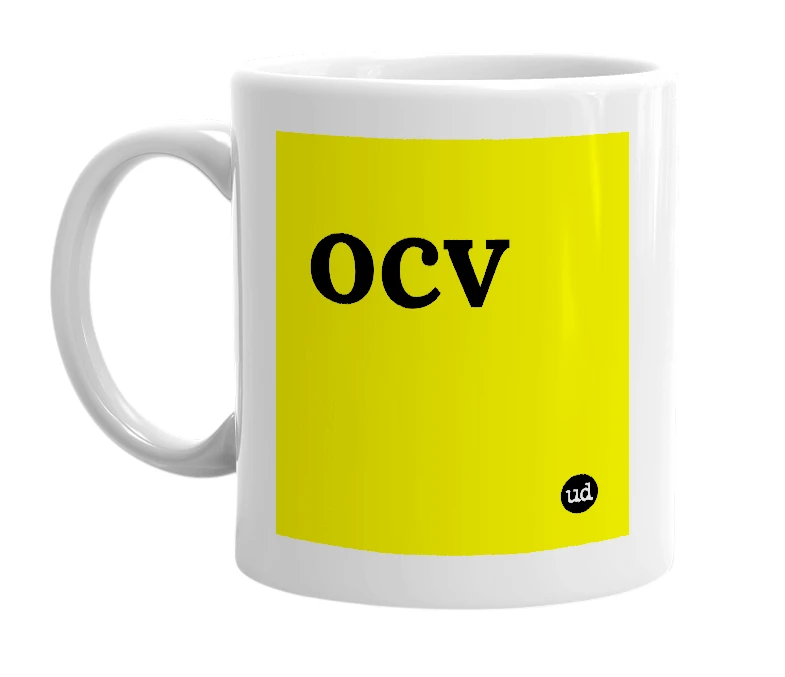 White mug with 'ocv' in bold black letters
