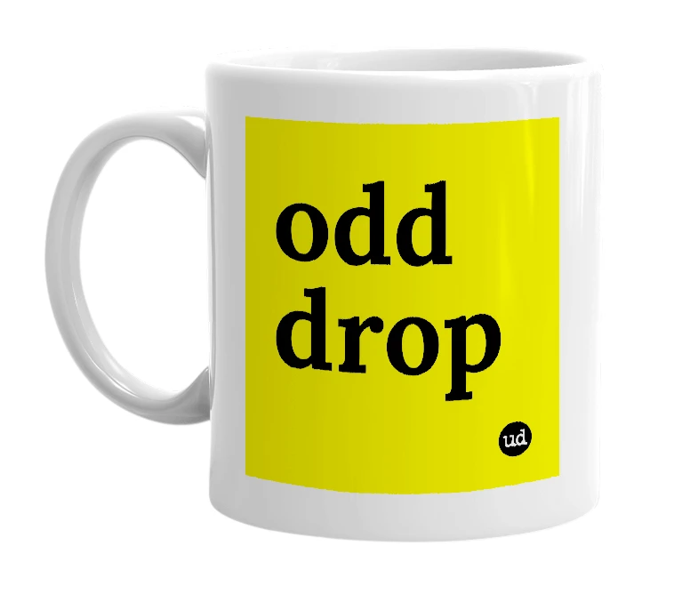 White mug with 'odd drop' in bold black letters