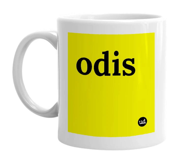 White mug with 'odis' in bold black letters