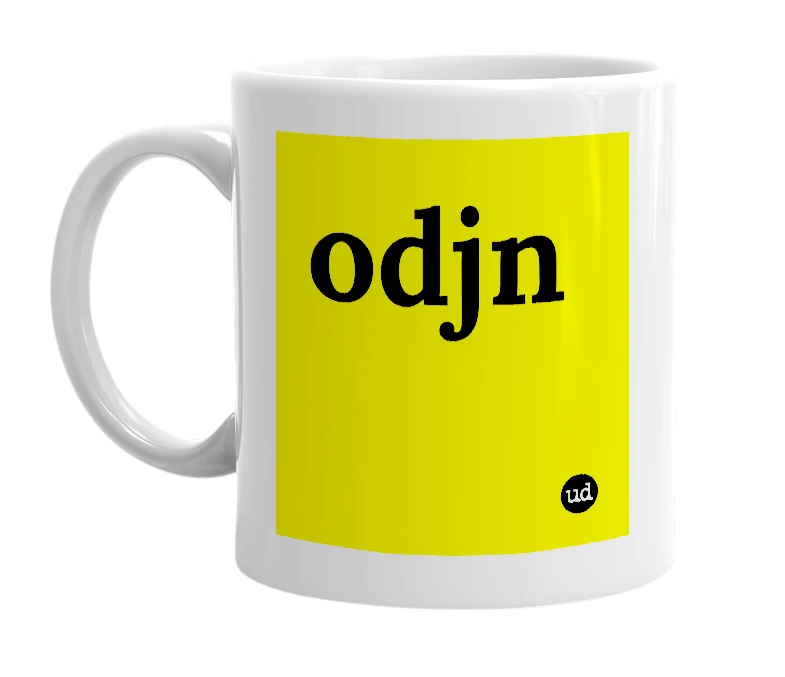 White mug with 'odjn' in bold black letters