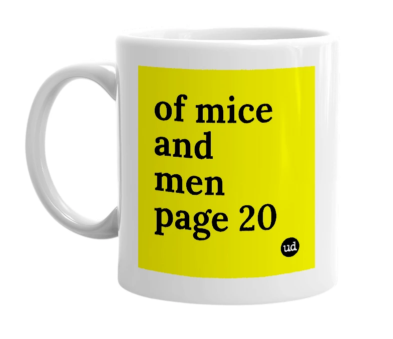 White mug with 'of mice and men page 20' in bold black letters