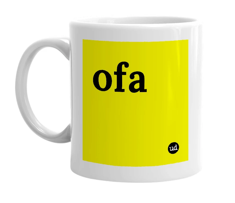 White mug with 'ofa' in bold black letters