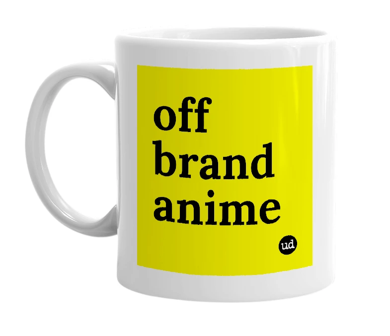 White mug with 'off brand anime' in bold black letters