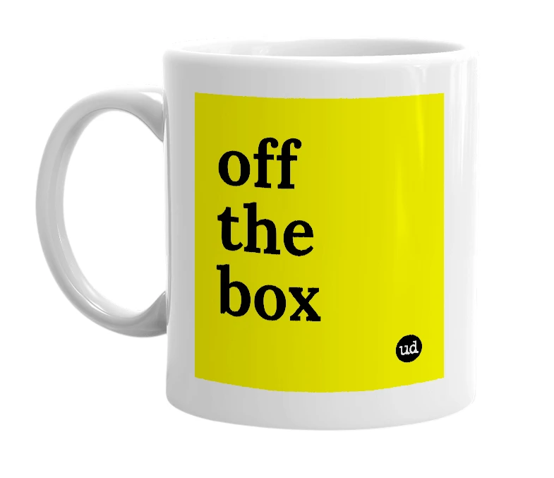 White mug with 'off the box' in bold black letters