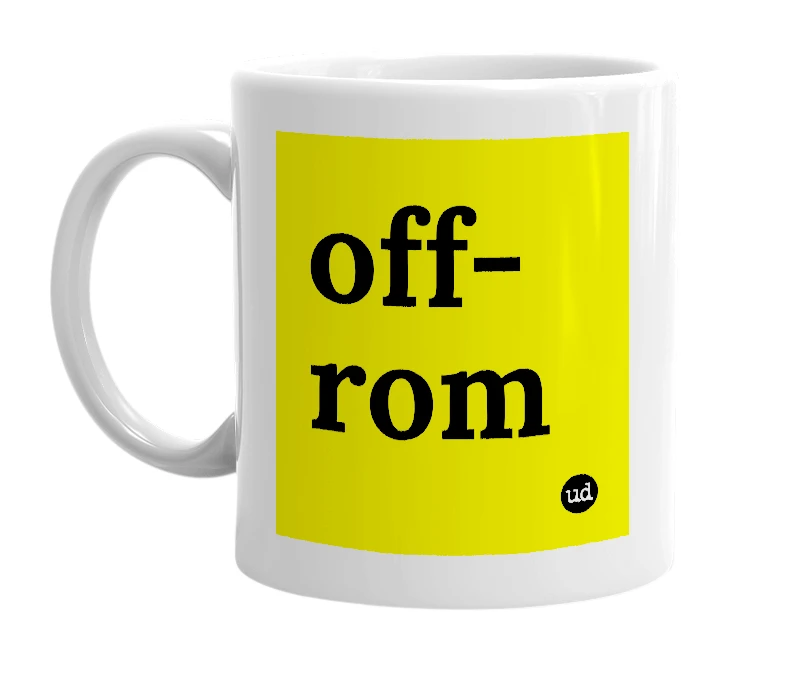 White mug with 'off-rom' in bold black letters