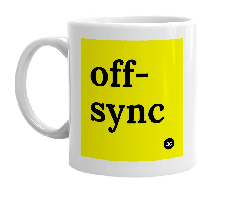 White mug with 'off-sync' in bold black letters