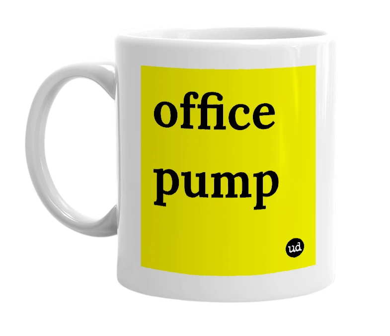 White mug with 'office pump' in bold black letters