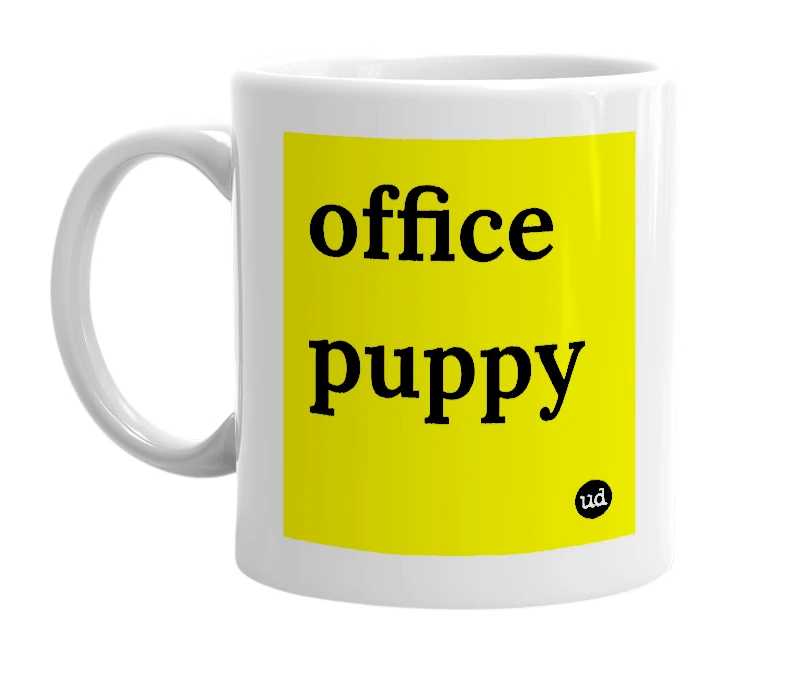 White mug with 'office puppy' in bold black letters
