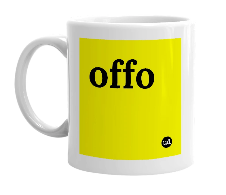 White mug with 'offo' in bold black letters