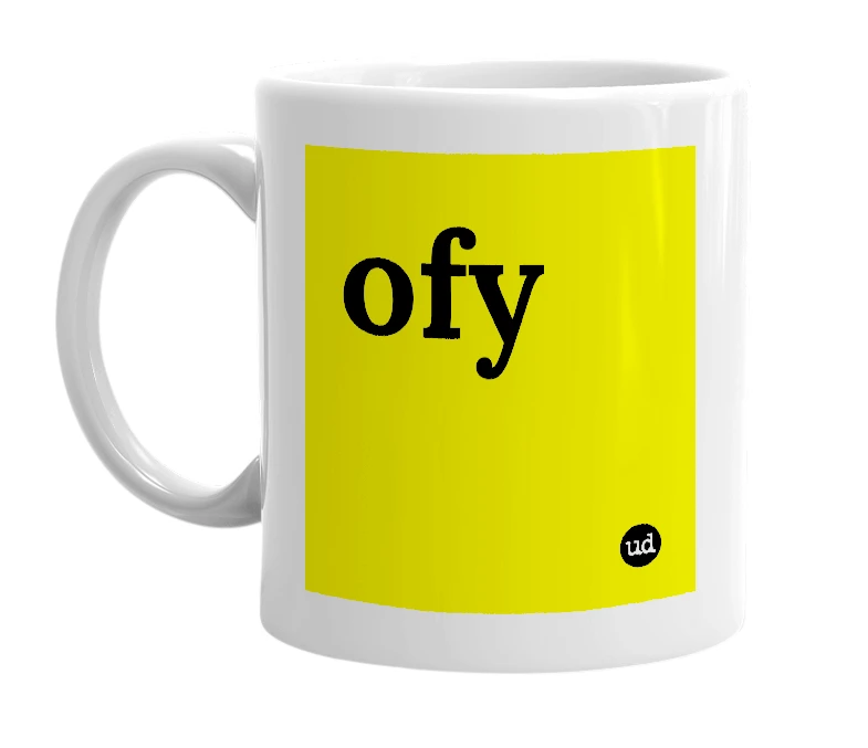 White mug with 'ofy' in bold black letters