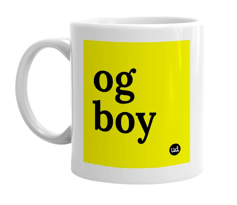 White mug with 'og boy' in bold black letters