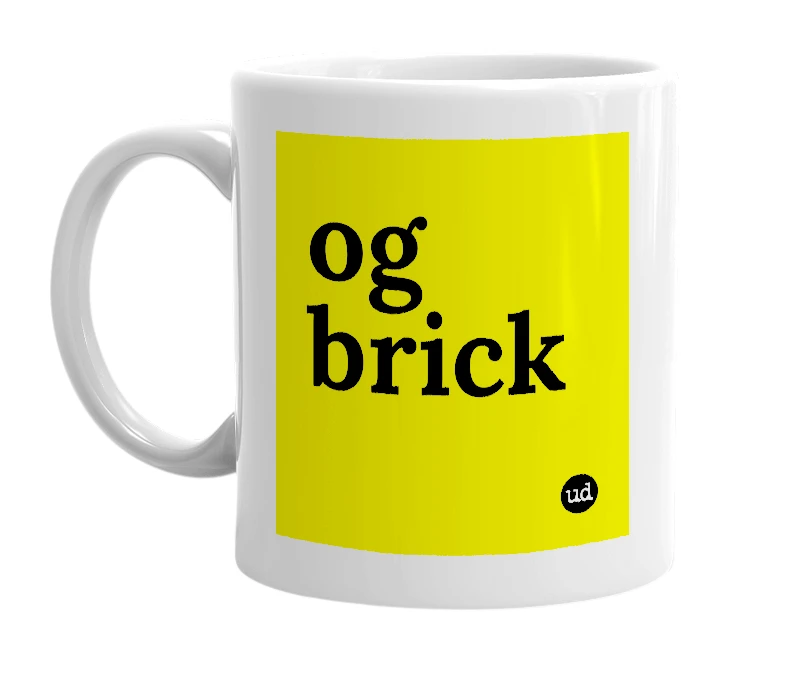 White mug with 'og brick' in bold black letters