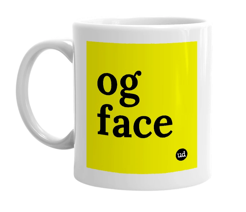 White mug with 'og face' in bold black letters