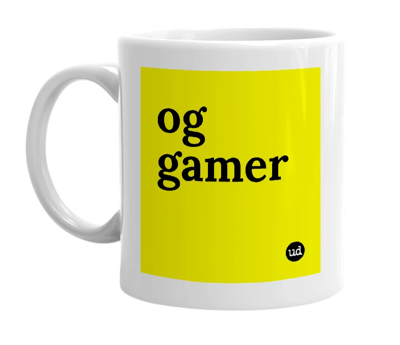 White mug with 'og gamer' in bold black letters