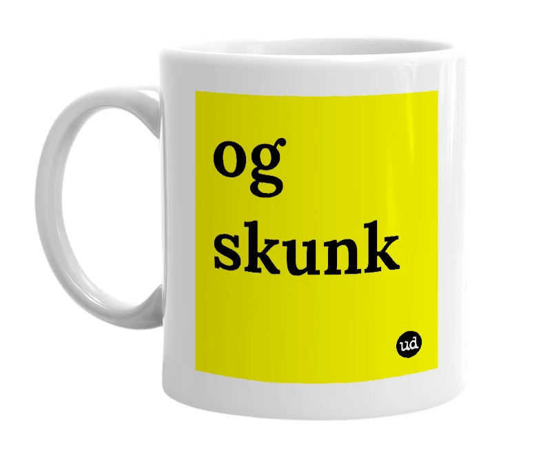 White mug with 'og skunk' in bold black letters
