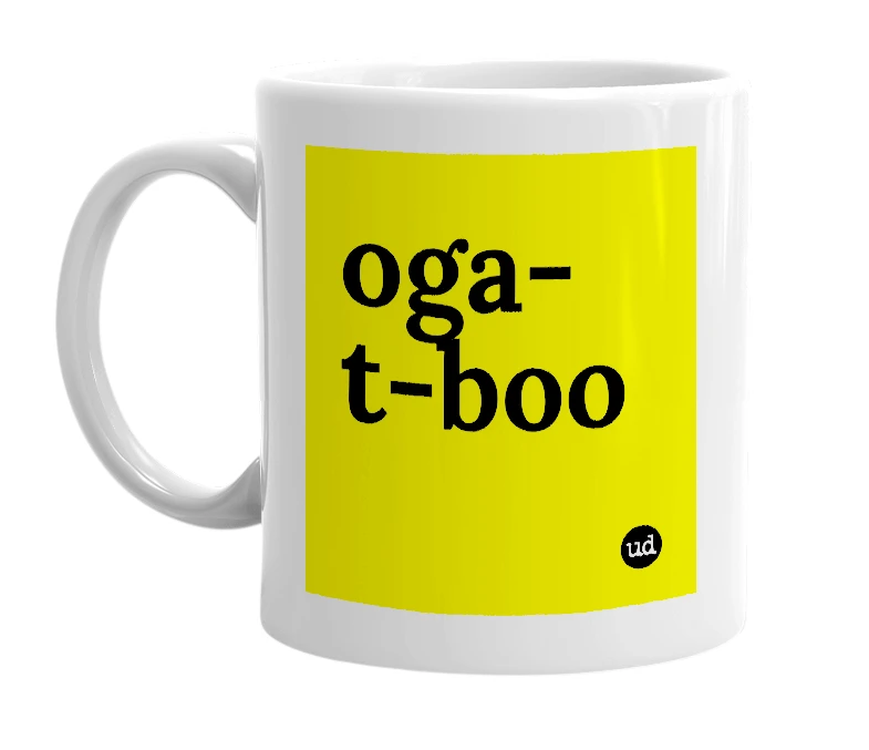 White mug with 'oga-t-boo' in bold black letters
