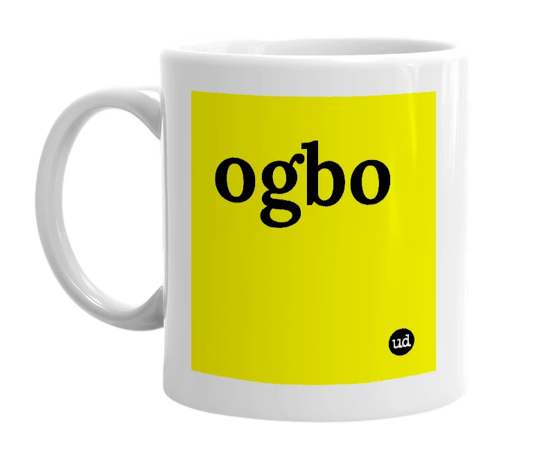 White mug with 'ogbo' in bold black letters
