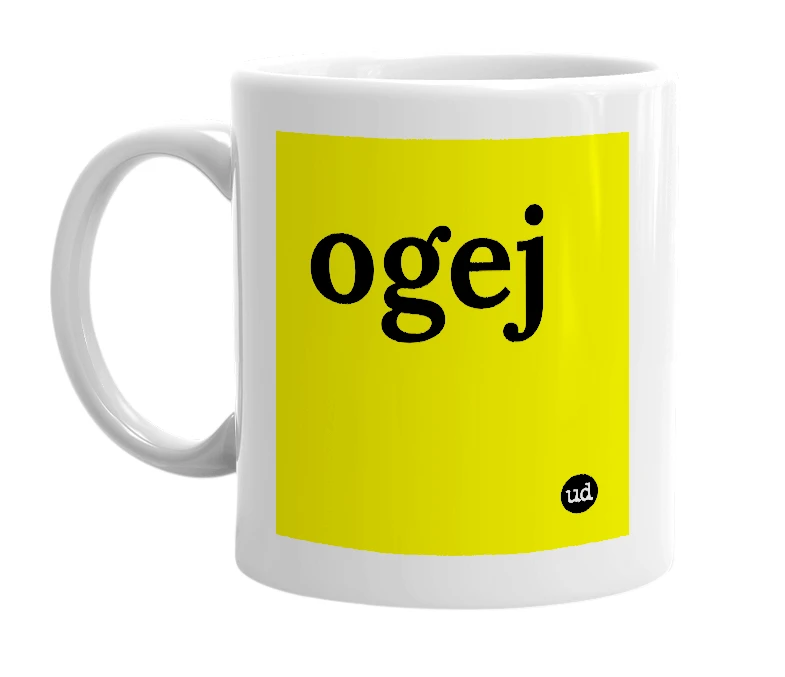 White mug with 'ogej' in bold black letters
